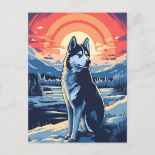 Husky in the winter forest during sunset postcard