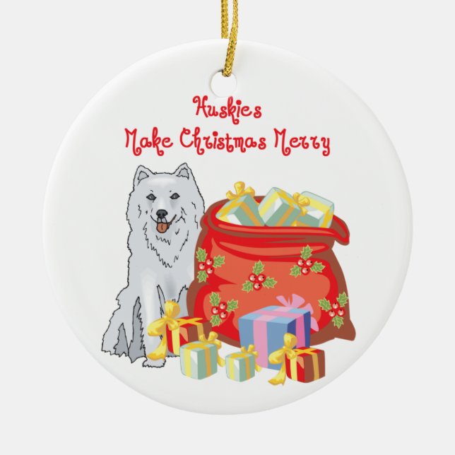 Husky Merry Christmas Ceramic Ornament (Front)