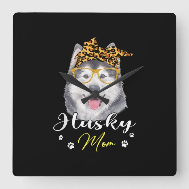 Husky Mum | Leopard Print Dog Lovers Gift Square Wall Clock (Front)