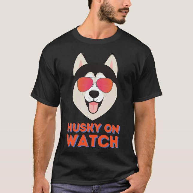 Husky On Watch Sunglasses  Cute Dog  Funny T-Shirt (Front)