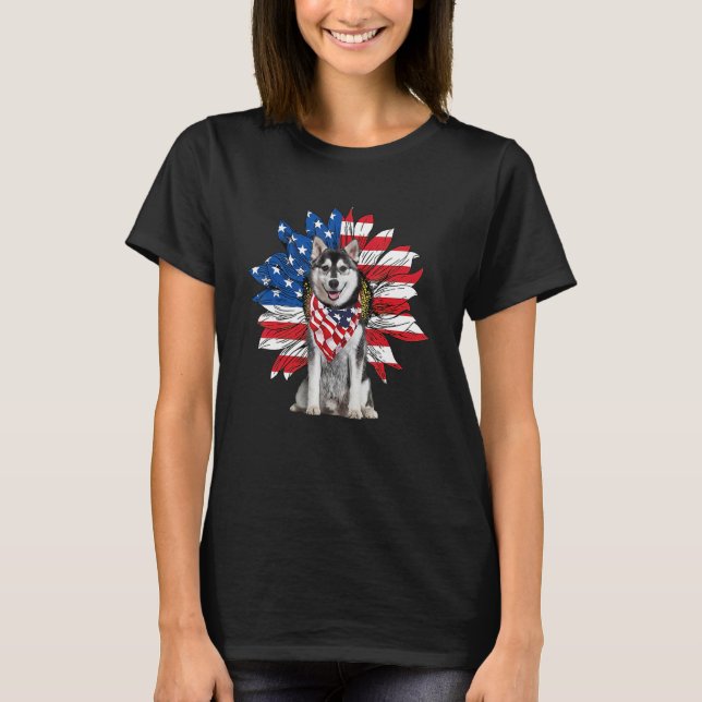 Husky Patriot American Flag Sunflower Independence T-Shirt (Front)