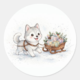 Husky Pulling Christmas Sleigh Classic Round Sticker