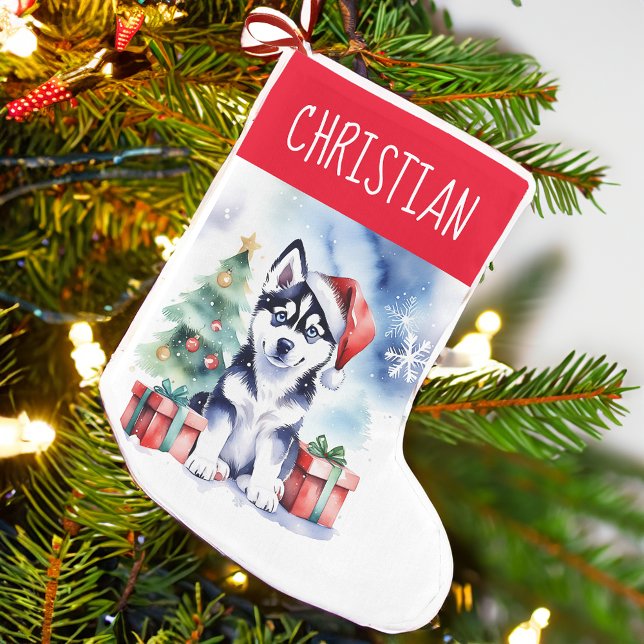Husky puppy Christmas dog people gifts  Small Christmas Stocking (Siberian Husky Christmas stocking personalized gifts for dog lovers cute Husky puppy gifts)