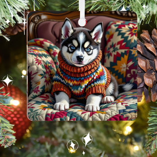 Husky Puppy Dog Personalised Christmas Metal Tree Decoration