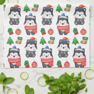 Husky Puppy Dog Santa Festive Holiday Christmas Tea Towel