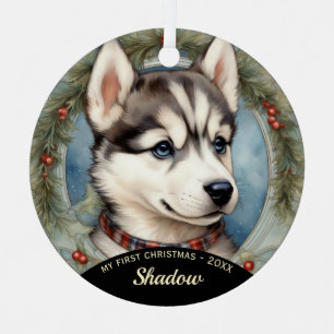 Husky Puppy First Christmas Metal Ornament