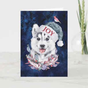 Husky Puppy Hat Bird Christmas Joy Card