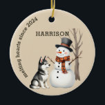 Husky Puppy Heart melting Custom Keepsake Ceramic Ornament<br><div class="desc">A adorable watercolor husky puppy and snowman makes these custom Christmas ornaments a heart warming keepsake gift. Easily customise to make a special gift this Christmas.</div>