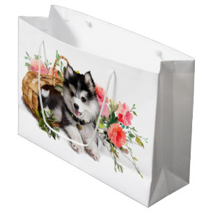 Husky puppy lying in a basket large gift bag