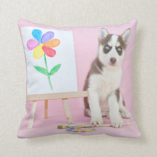 Husky Puppy Painting a Rainbow Flower Cushion