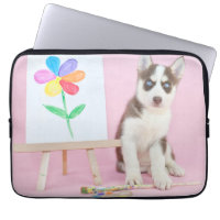 Husky Puppy Painting a Rainbow Flower