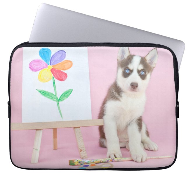 Husky Puppy Painting a Rainbow Flower Laptop Sleeve (Front)
