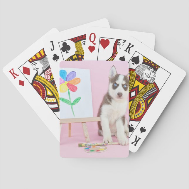 Husky Puppy Painting a Rainbow Flower Playing Cards (Back)