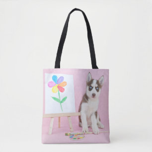 Husky Puppy Painting a Rainbow Flower Tote Bag