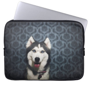 Husky Puppy Posing with a Dark Bakground Laptop Sleeve