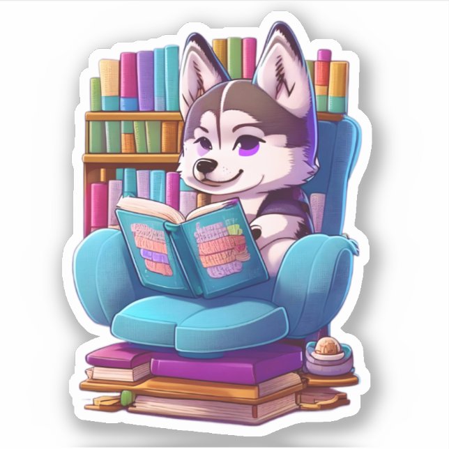 Husky puppy reading a book (Front)