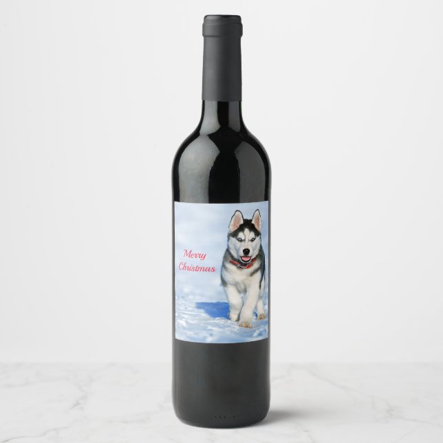 Husky Puppy Snow Photo Christmas Wine Label (Front)
