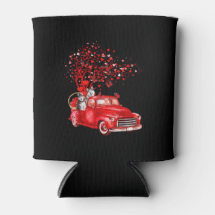 Husky Riding Red Truck Valentine Butterfly Heart Can Cooler