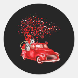 Husky Riding Red Truck Valentine Butterfly Heart T Classic Round Sticker