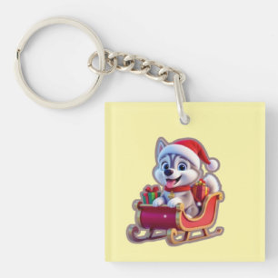 Husky Riding Santa’s Sleigh – Cute 3D Christmas Ca Key Ring