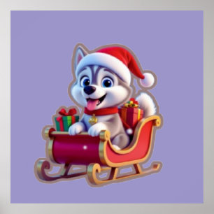 Husky Riding Santa’s Sleigh – Cute 3D Christmas Ca Poster