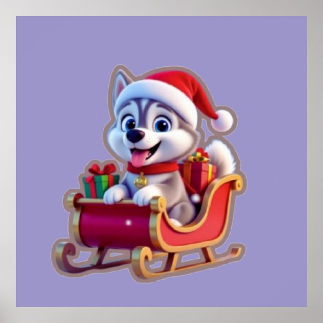 Husky Riding Santa’s Sleigh – Cute 3D Christmas Ca Poster (Front)