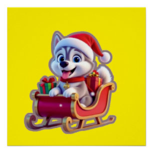 Husky Riding Santa’s Sleigh – Cute 3D Christmas Ca Poster