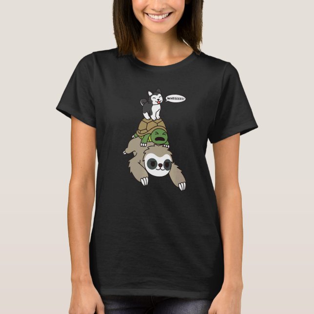 Husky Riding Sloth Tortoise Dog T-Shirt (Front)
