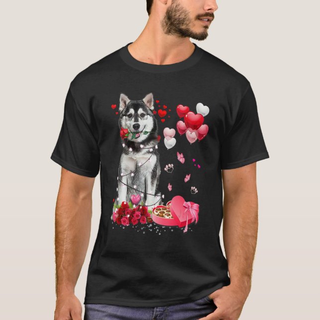 Husky Rose Heart Happy Valentine Day Dog Mom T-Shirt (Front)