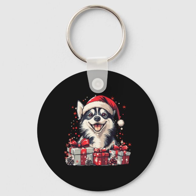 Husky Santa Hat Funny Christmas Siberian Husky Dog Key Ring (Front)