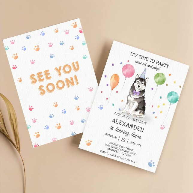 Husky Sibir Dog Pawty Puppy Birthday Pink  Invitation (Creator Uploaded)