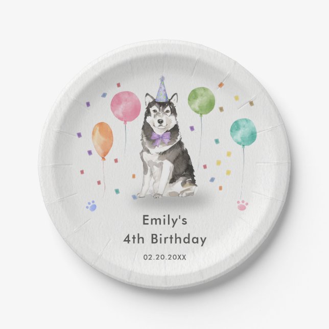 Husky Sibir Puppy Dog Kids Birthday Party Paper Plate (Front)