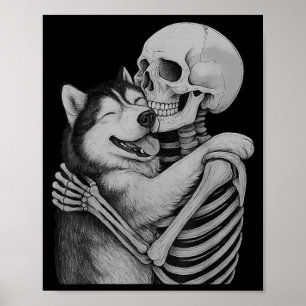 Husky Skeleton Hug Halloween Dog Lover Poster