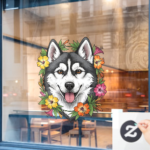 Husky Sled Dog And Colourful Mirablis Flowers