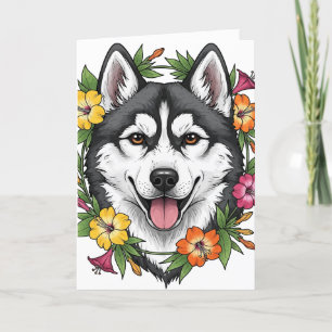 Husky Sled Dog And Colourful Mirablis Flowers Holiday Card
