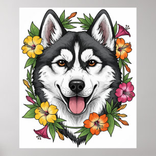 Husky Sled Dog And Colourful Mirablis Flowers Poster