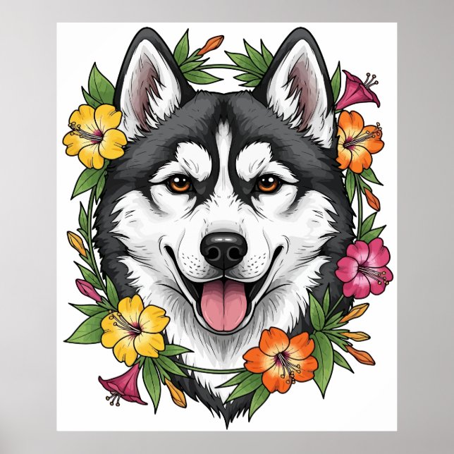 Husky Sled Dog And Colourful Mirablis Flowers Poster (Front)