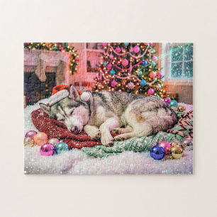 Husky Sleeping in Cosy Christmas Scene Jigsaw Puzzle