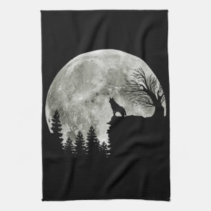 Husky Stand On Mountain Spooky Halloween Moon Tea Towel