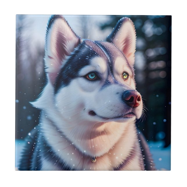 Husky Stares into Winter Ceramic Tile (Front)