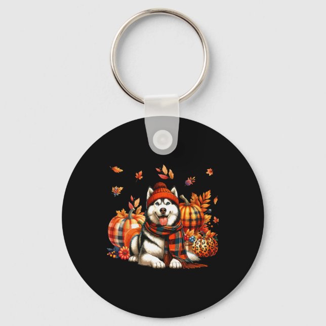 Husky Thanksgiving Leopard Pumpkins Fall Leaves Lo Key Ring (Front)