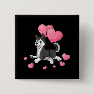 Husky Valentines Day Holding Balloon Heart Gift 15 Cm Square Badge