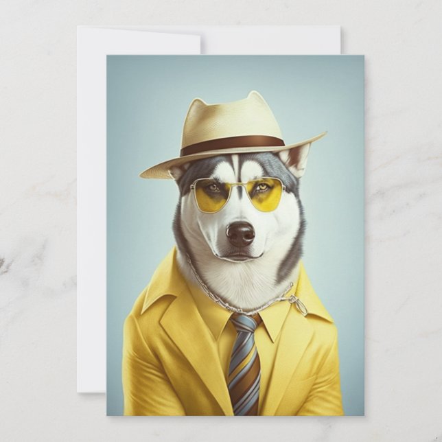 Husky Wearing Yellow Suit, Hat, Sunglasses Holiday Card (Front)