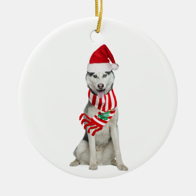 Husky With Hat Scaft Christmas Ceramic Ornament (Front)
