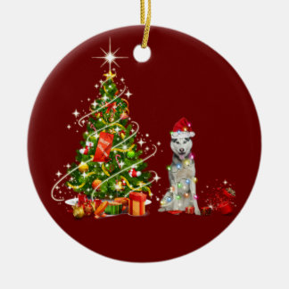 Husky With Hat Scaft Christmas Ceramic Ornament