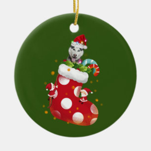 Husky With Hat Sock Christmas Ceramic Ornament