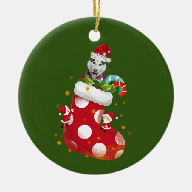 Husky With Hat Sock Christmas Ceramic Ornament (Front)