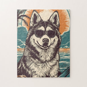 Husky with Sunglasses at the beach Jigsaw Puzzle