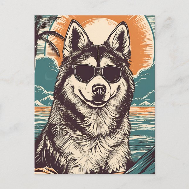 Husky with Sunglasses at the beach Postcard (Front)