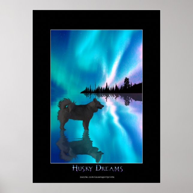 Husky & Yukon Wilderness Northern Lights Art Poster (Front)